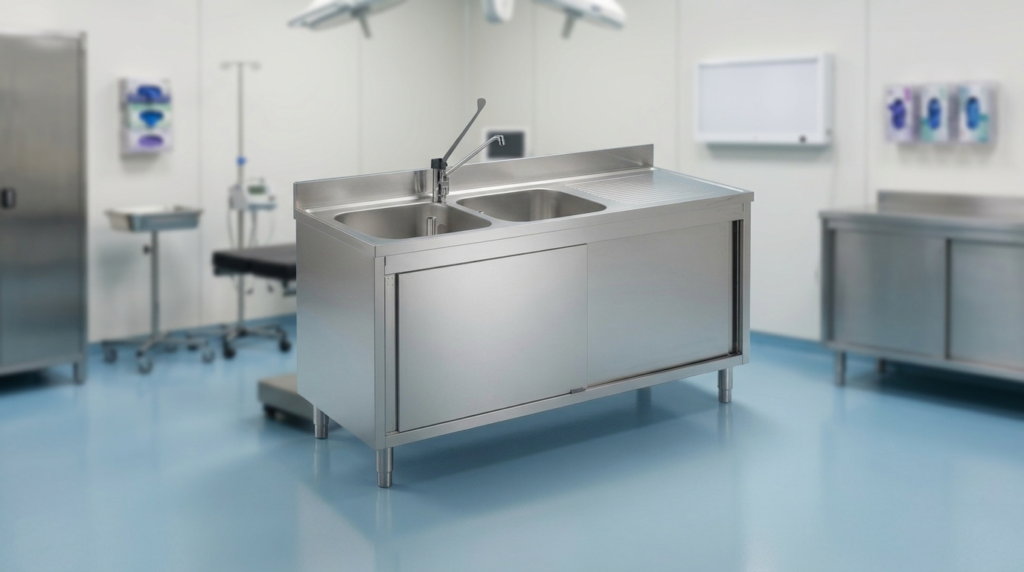 Double bowl sink cabinet with sliding doors