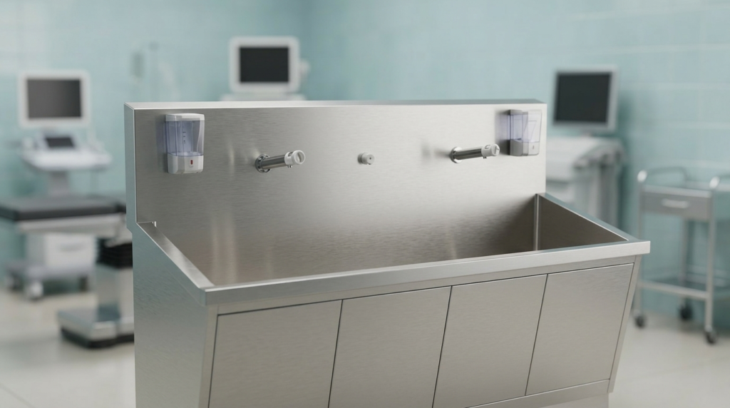 Double station scrub sink wall mounted