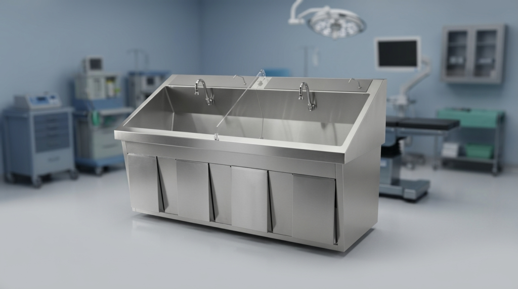Double station scrub sink with digitally controlled water & soap dispensing system