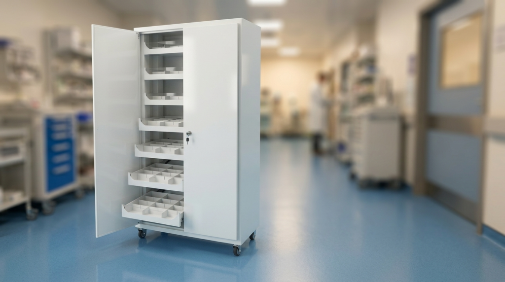 Pharmacy cabinet with tray