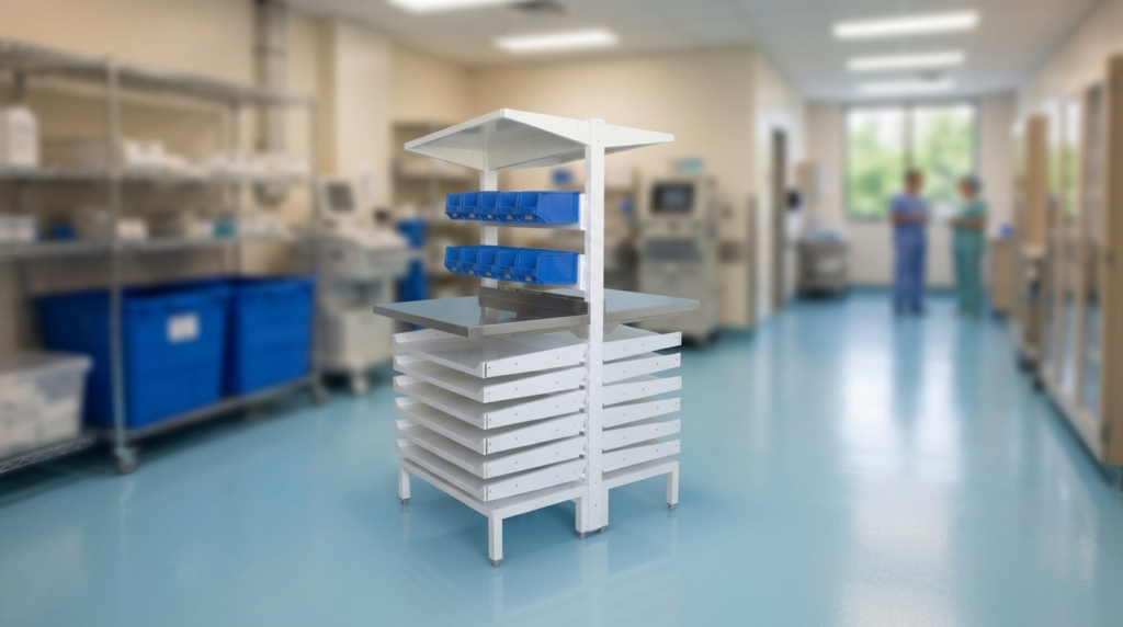 Pharmacy shelving with Lin Bins