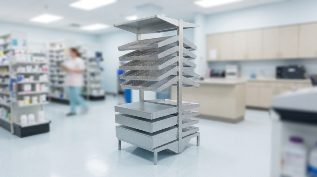 Pharmacy shelving with sliding drawer