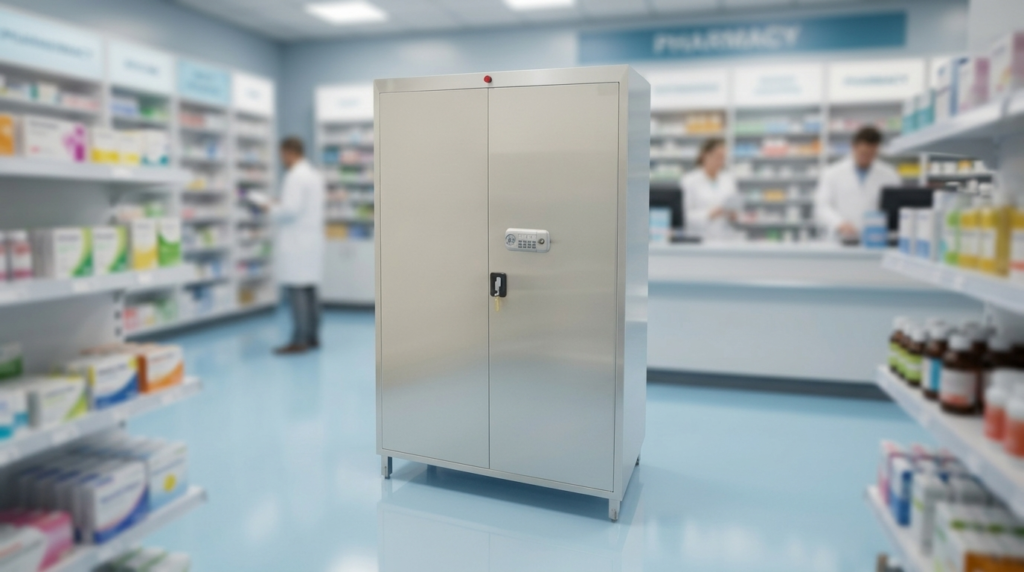 Upright Narcotic cabinet with double doors and electronic number lock.