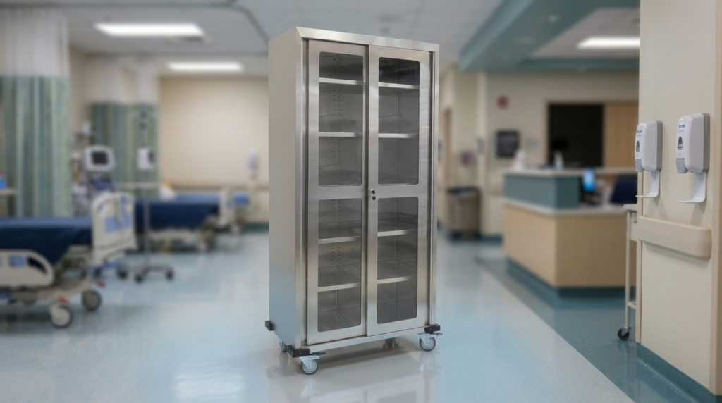 Upright cabinet 2 glass door with on casters
