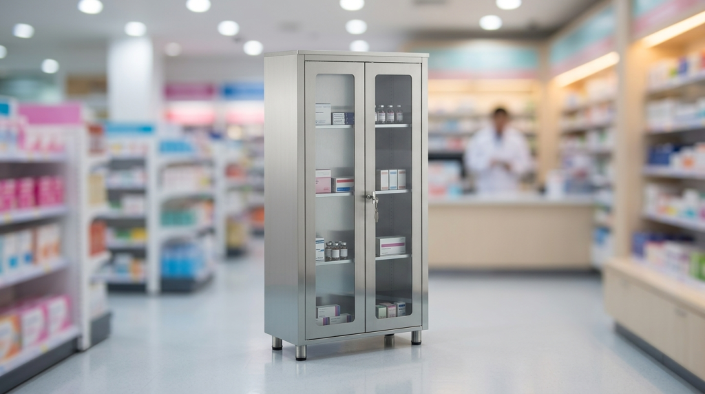 Upright cabinet 2 hinged glass doors