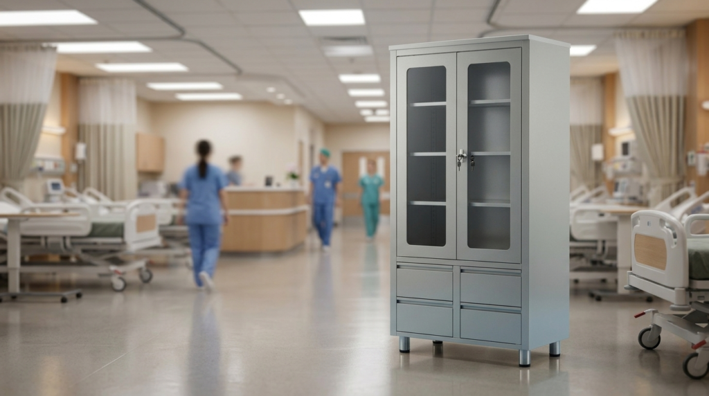 Upright cabinet 2 hinged glass doors with 4 drawers
