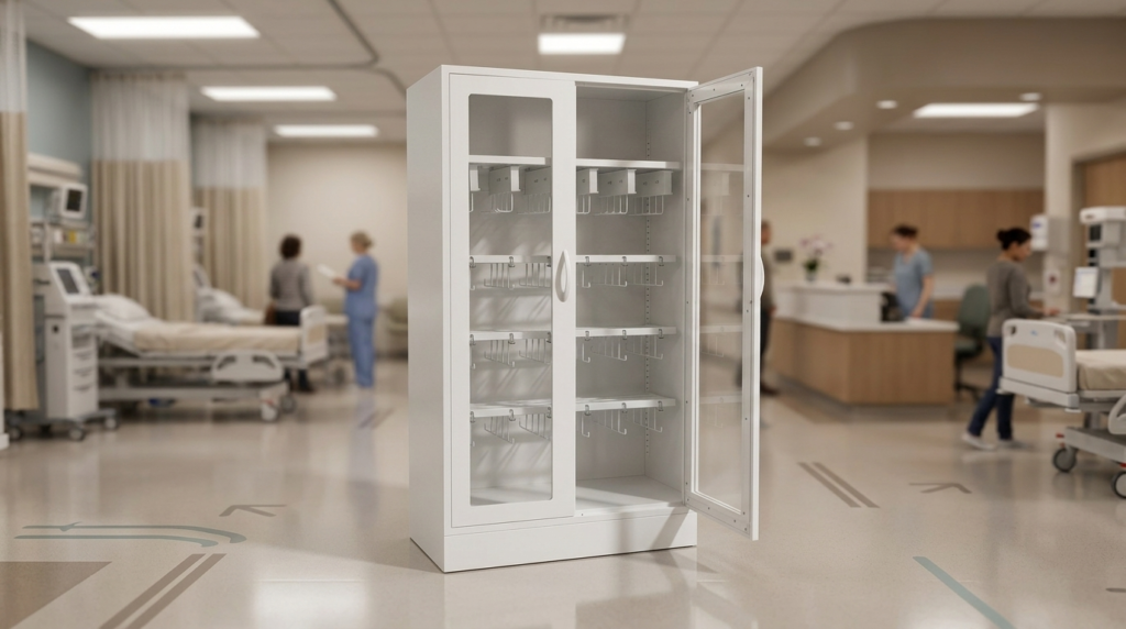 Upright catheter cabinet with 6 rails