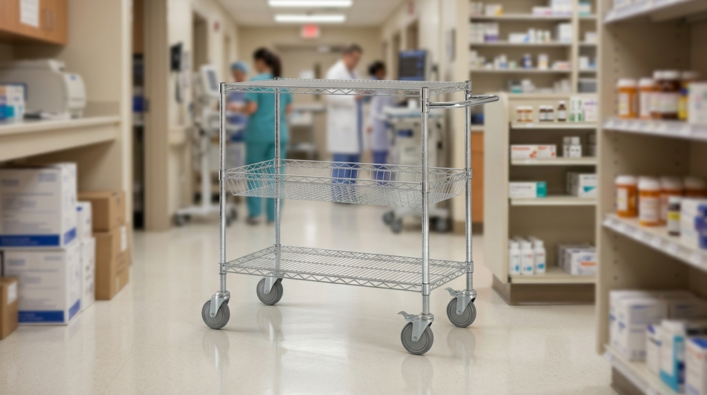 Wire shelving on wheel